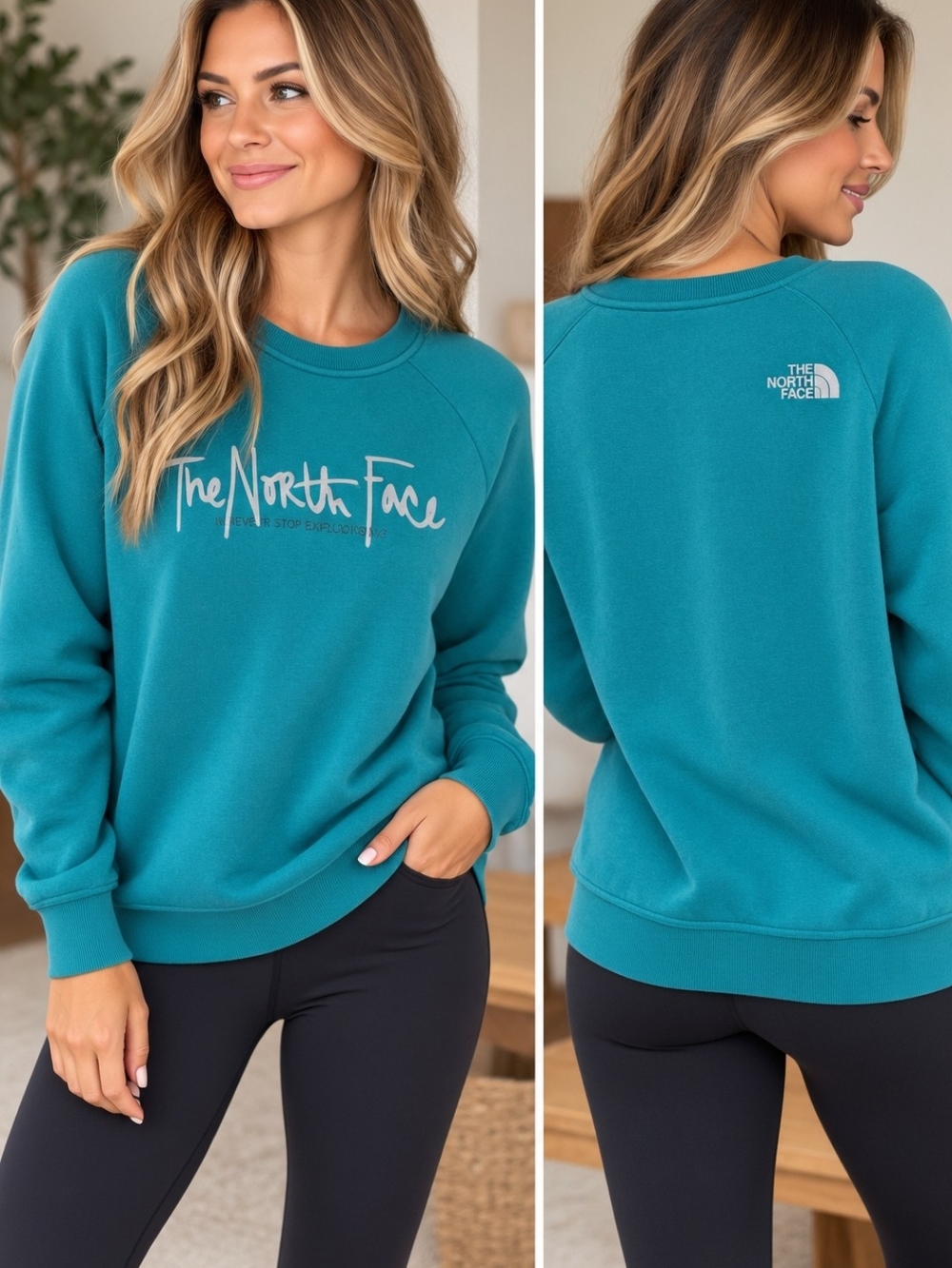 The North Face Teal Crew Sweatshirt with Front Script Logo